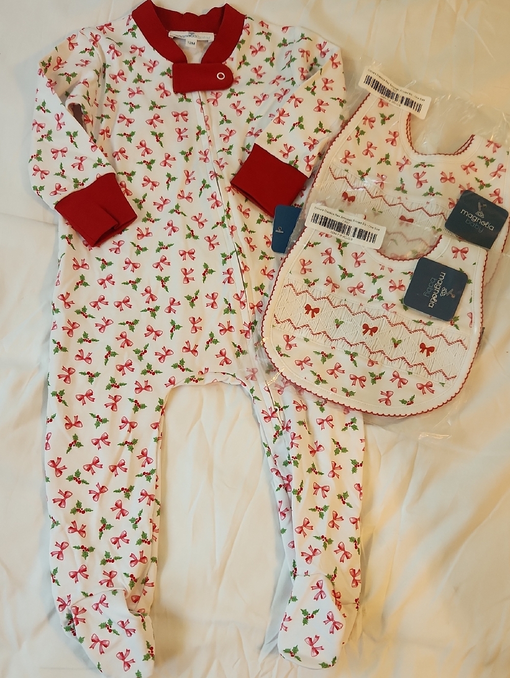 Red Trim White Holiday Bow Footed Baby Sleeper with Matching Bibs